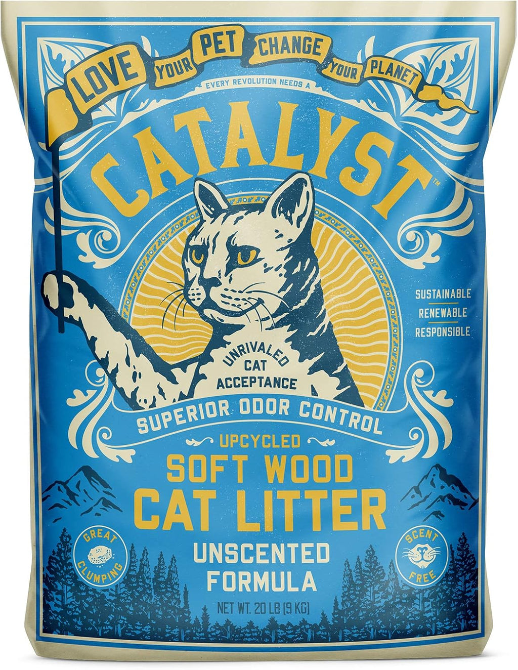 Catalyst authentic imported clumping cat litter inside the litter box