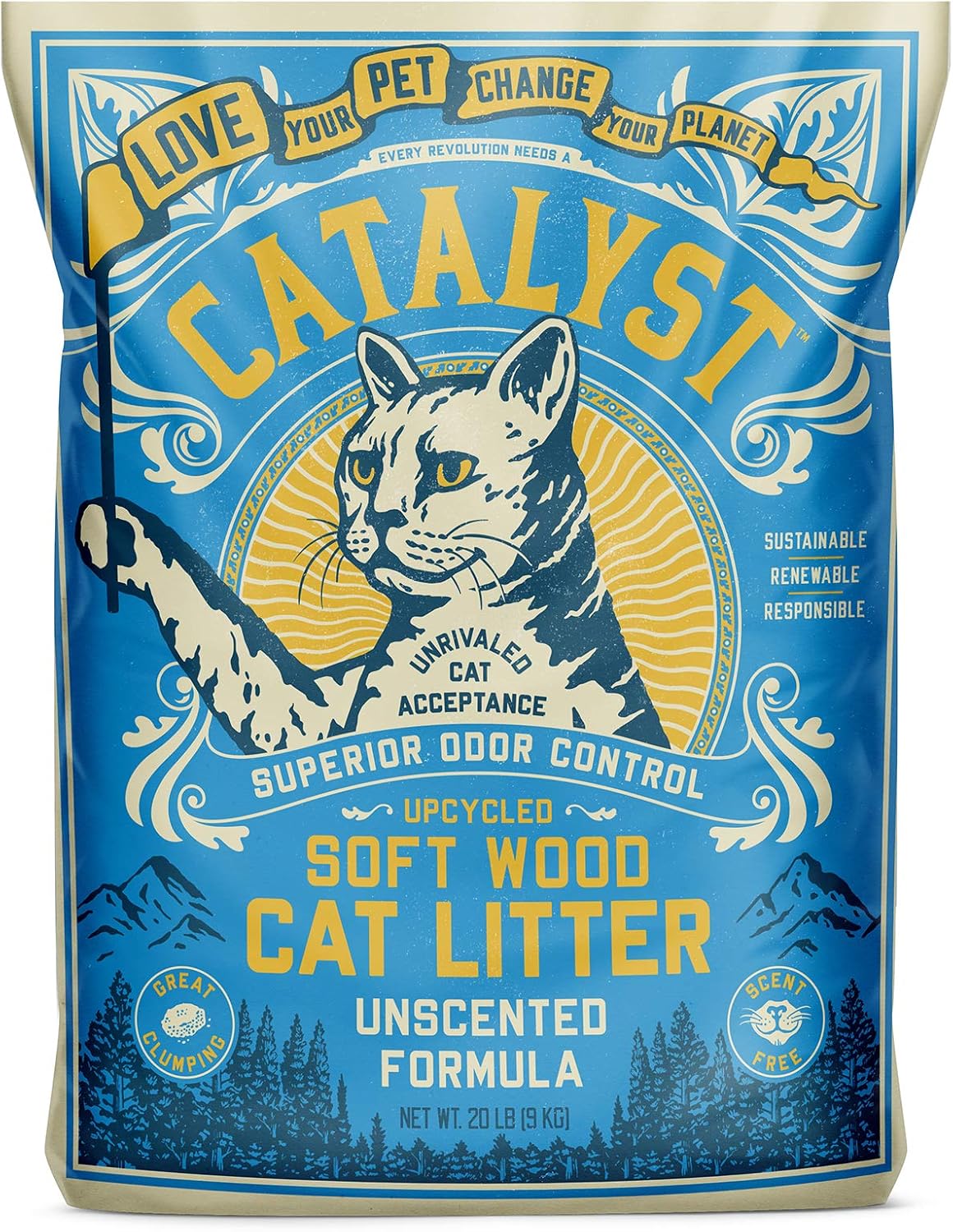 Catalyst authentic imported clumping cat litter inside the litter box