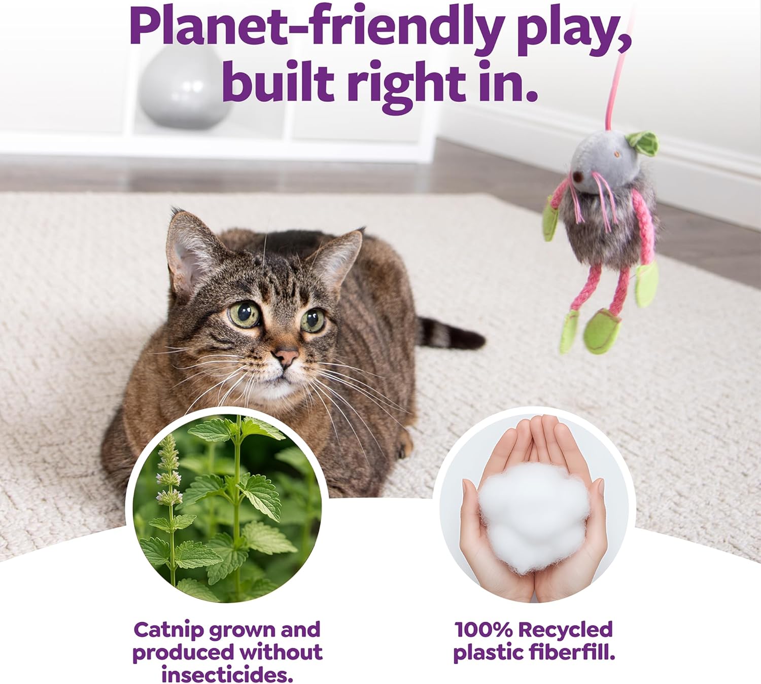SmartyKat catnip mouse toy showing the elastic string and finger ring attachment.