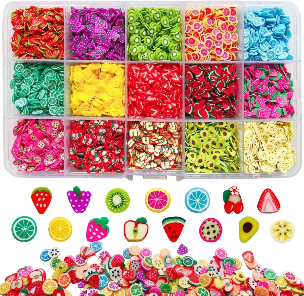EHOPE fruit nail art slices collection organized inside a transparent fifteen grid storage compartment container