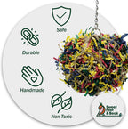 Close up of hand woven natural mesh bird foraging ball