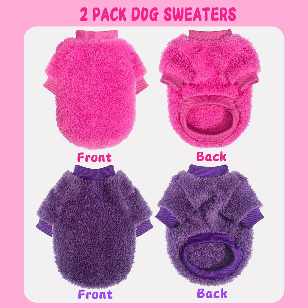 Back view detailing the accurate sizing and length of the extra small purple dog sweater.