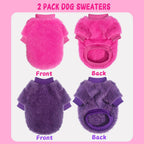 Back view detailing the accurate sizing and length of the extra small purple dog sweater.