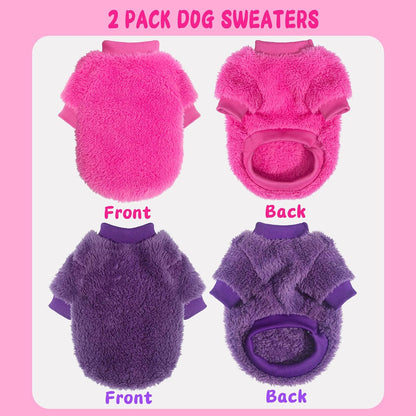 Back view detailing the accurate sizing and length of the extra small purple dog sweater.