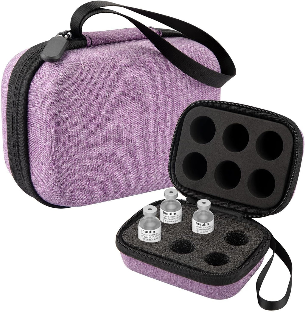 Mviioe insulin holder fridge storage carrying case purple front view showing sleek zipper enclosure and portable hand strap.