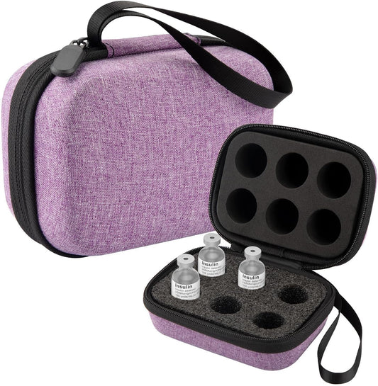 Mviioe insulin holder fridge storage carrying case purple front view showing sleek zipper enclosure and portable hand strap.