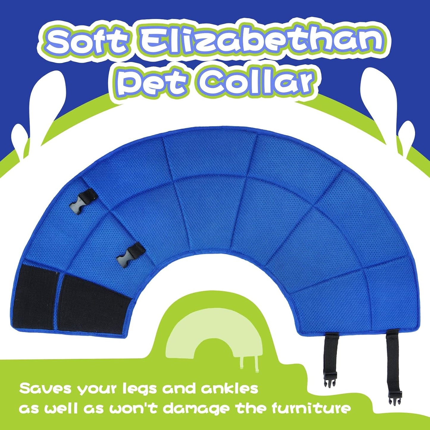 Allroaring adjustable dog cone collar laid flat showcasing the bright green mesh and blue details.