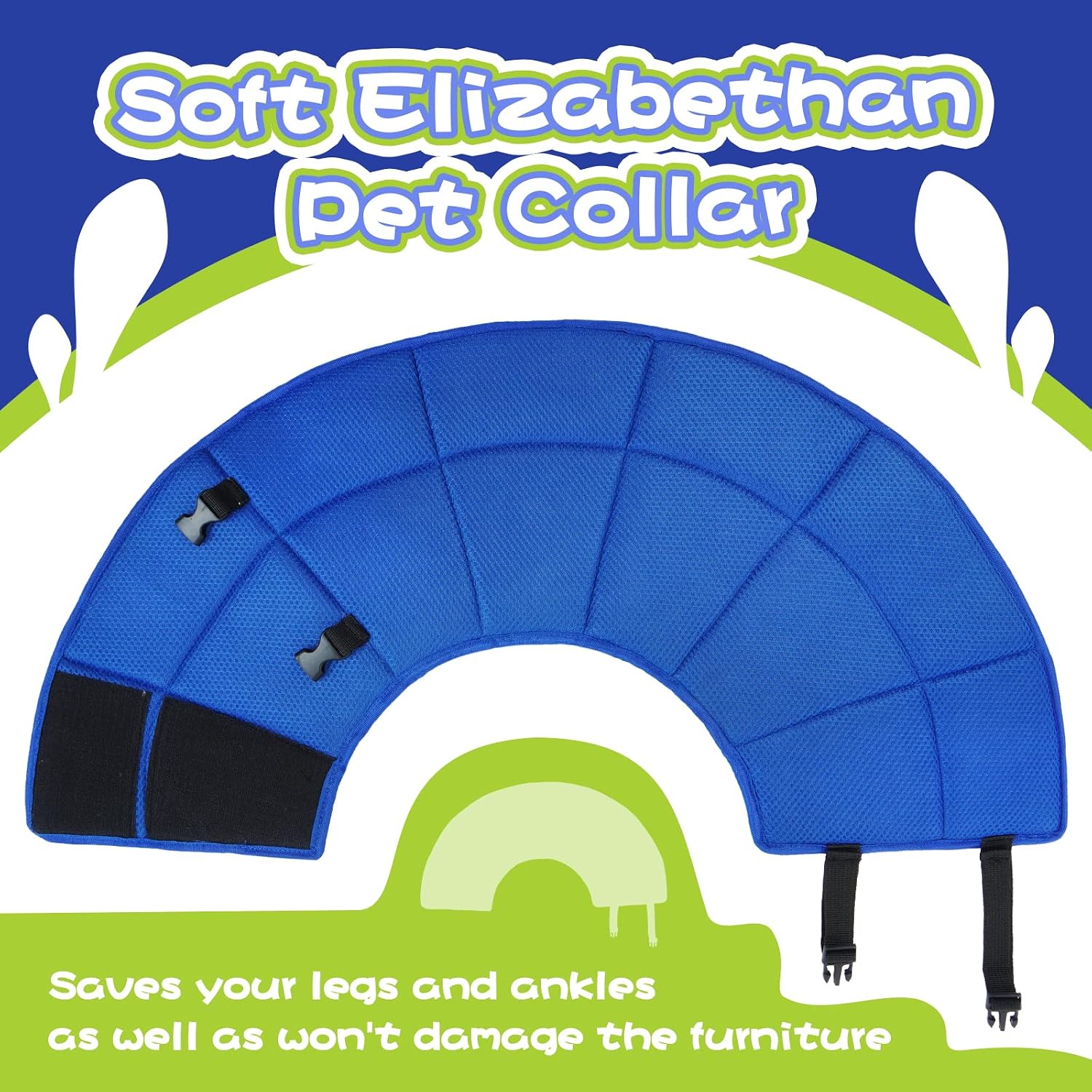 Allroaring adjustable dog cone collar laid flat showcasing the bright green mesh and blue details.