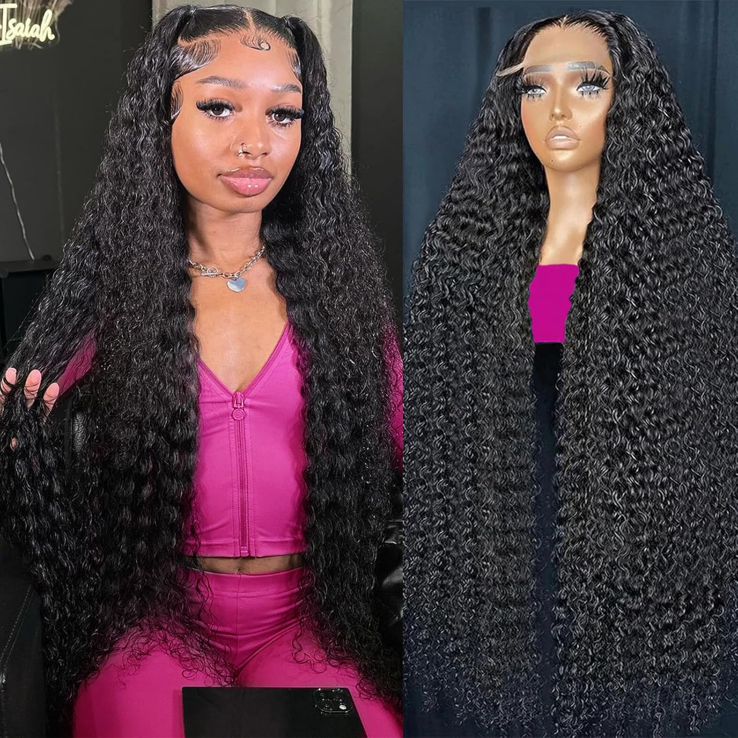 KVFCT 30 inch deep wave lace front wig front view showcasing voluminous curls.