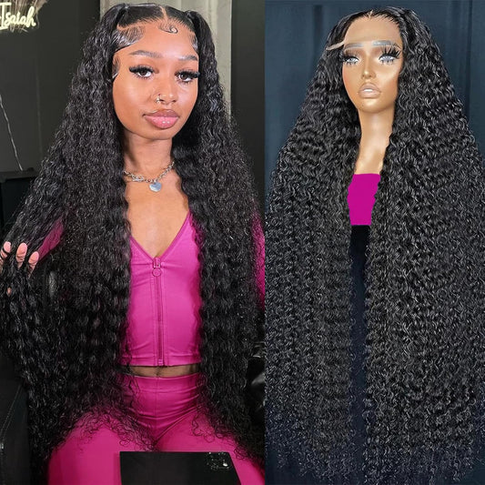 KVFCT 30 inch deep wave lace front wig front view showcasing voluminous curls.