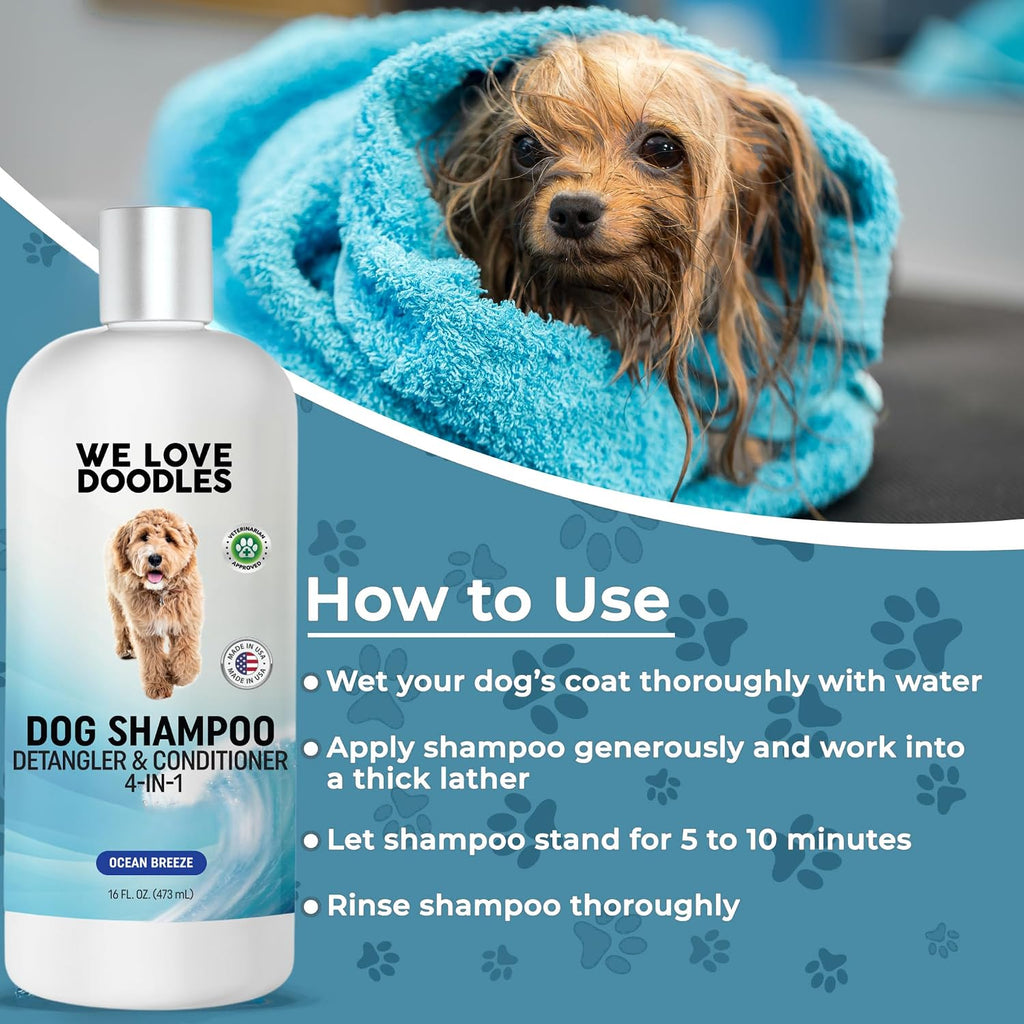 Hypoallergenic tear-free doodle shampoo bottle detailing features and organic ingredients.