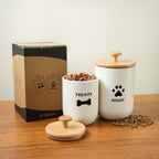 Dog treat container set with rubber lined bamboo lid feature