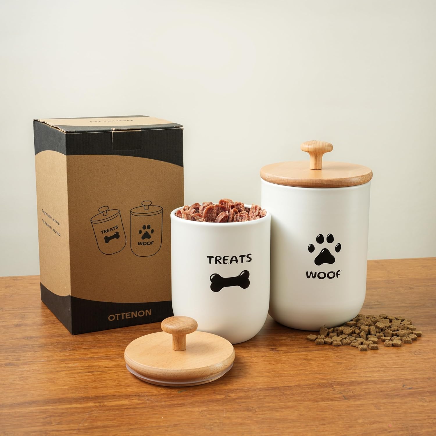 Dog treat container set with rubber lined bamboo lid feature