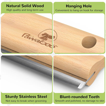 Pawaboo pet cleaning comb showing the built in side hanging hole for convenient wall storage.