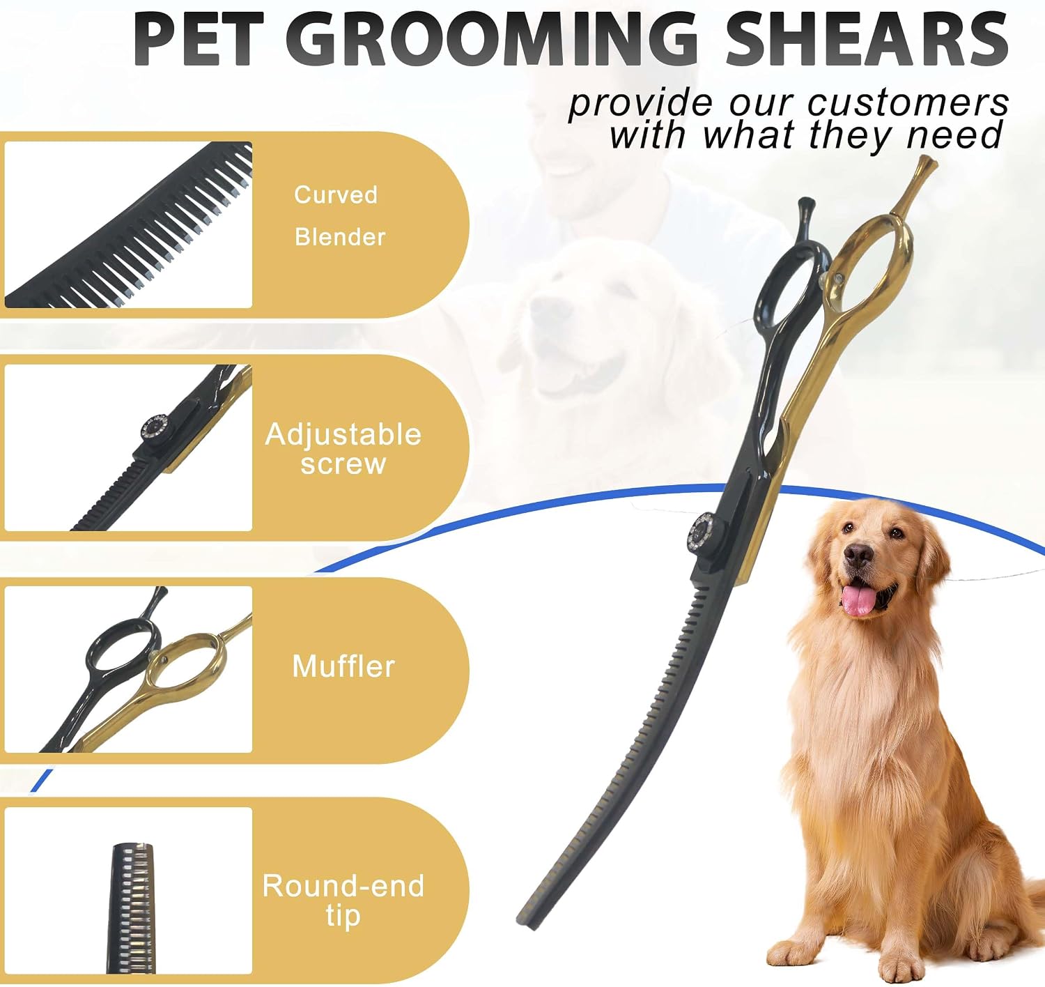 Seven inch stainless steel dog grooming scissors with safety blunt tips for trimming paws and face.