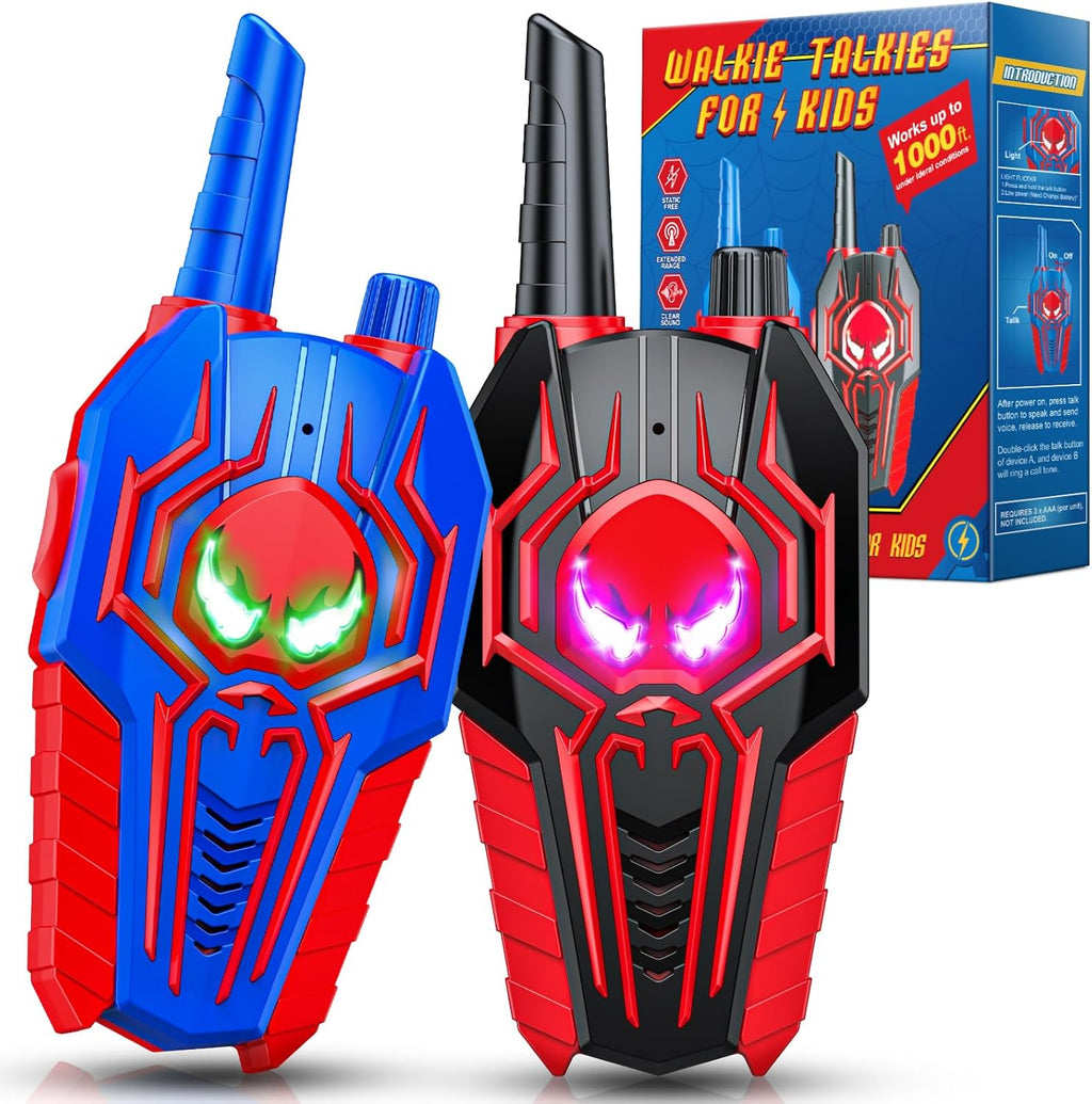 JovialToyz Kids Spider Walkie Talkies front view showing blue spider mask design with light up eyes