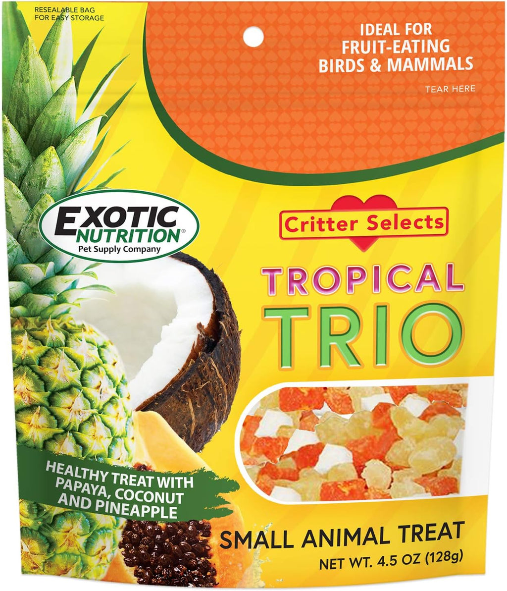 Exotic Nutrition Tropical Trio package side label highlighting natural ingredients and net weight