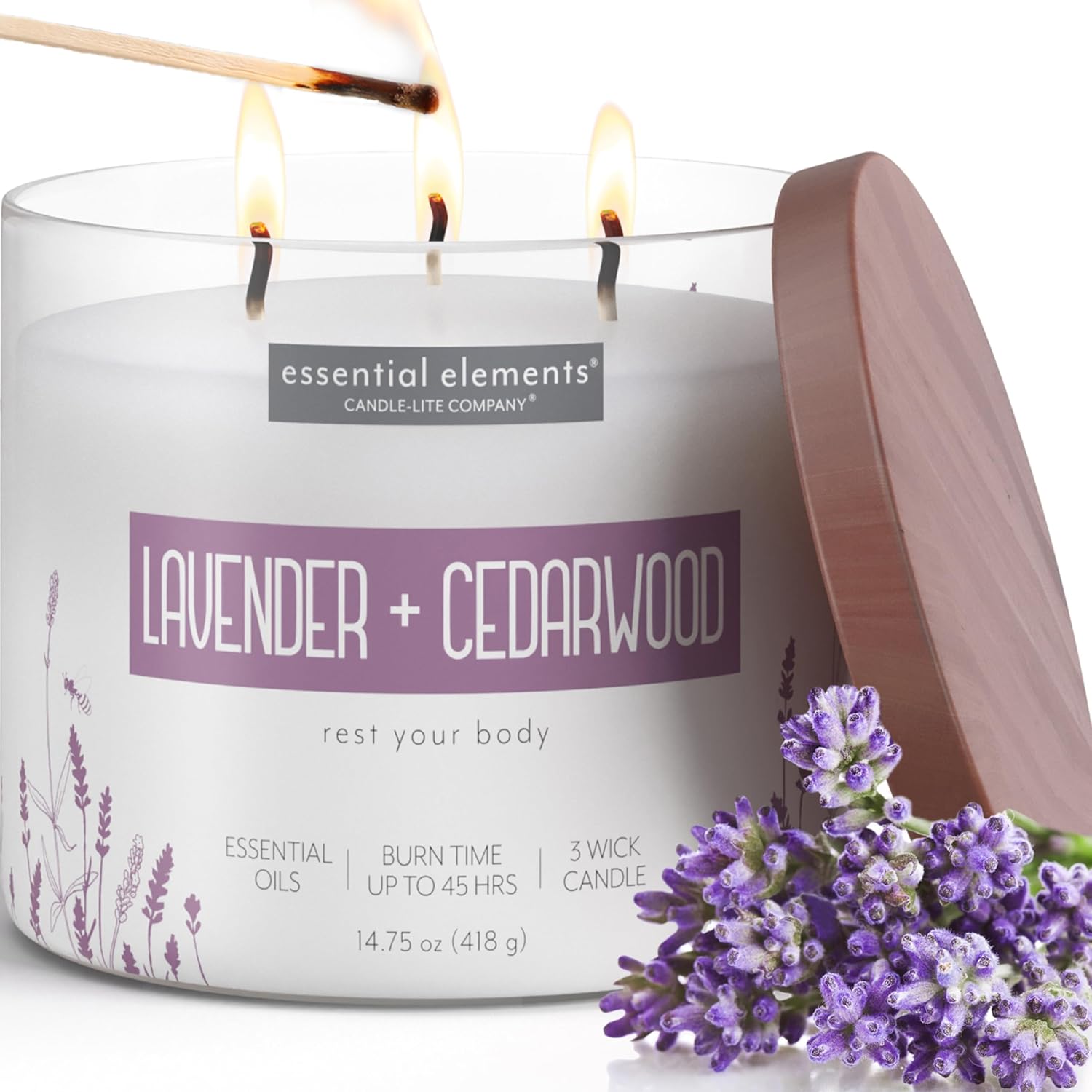 Candle-lite Essential Elements Lavender and Cedarwood three wick candle front view for aromatherapy.