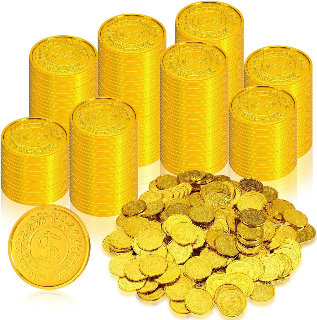 Hanaive 600 pieces pirate gold coins front view showing a shiny embossed dollar sign and olive branch design.