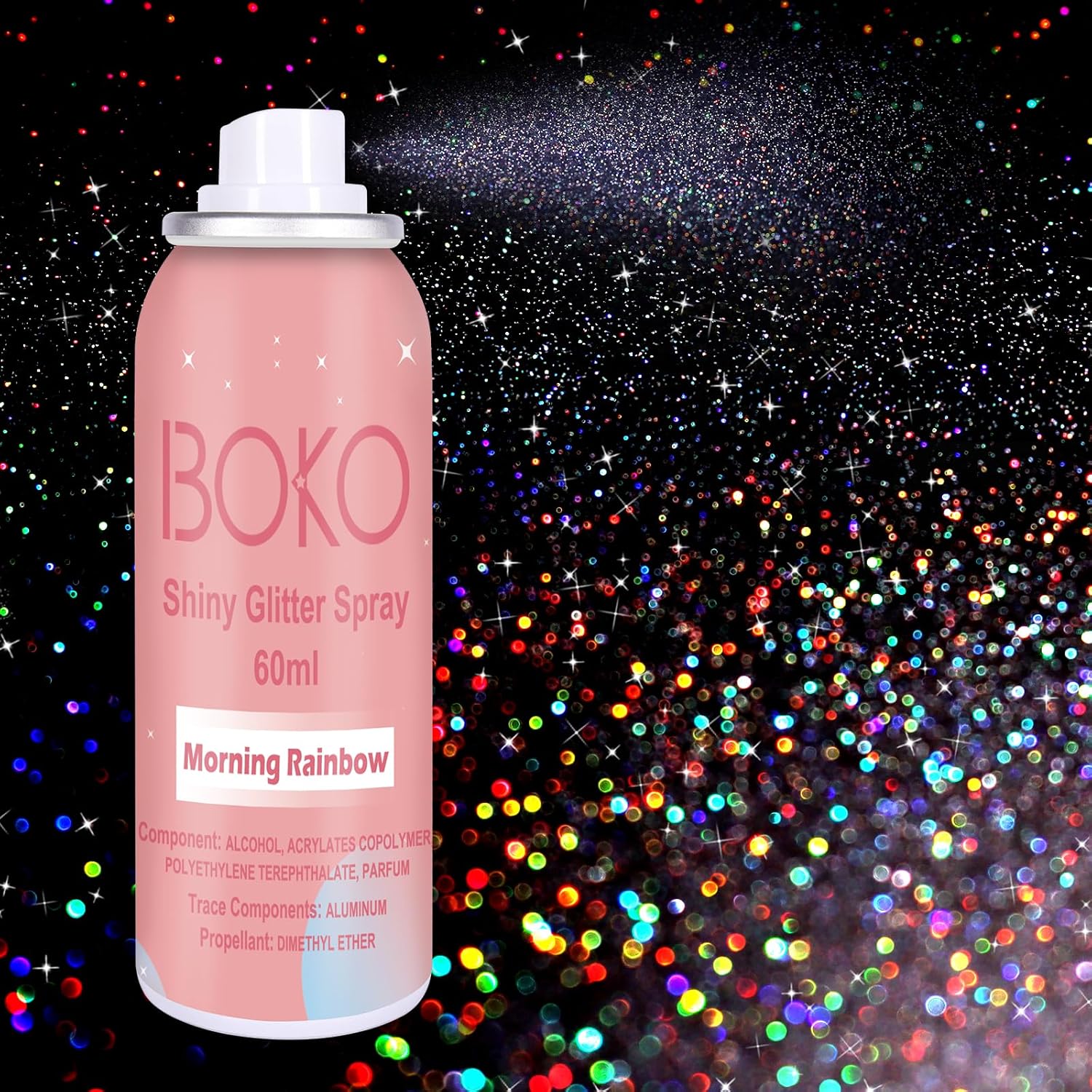 Boko Body Glitter Spray front view bottle of holographic silver shimmer mist.