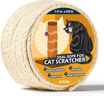 Pelzin Natural Sisal Rope for Cat Scratcher - 1/4 Inch by 50 Feet, Cat Tree Rope Twine for Scratching Post Replacement, Repairing, Recovering and DIY, White - Image 10