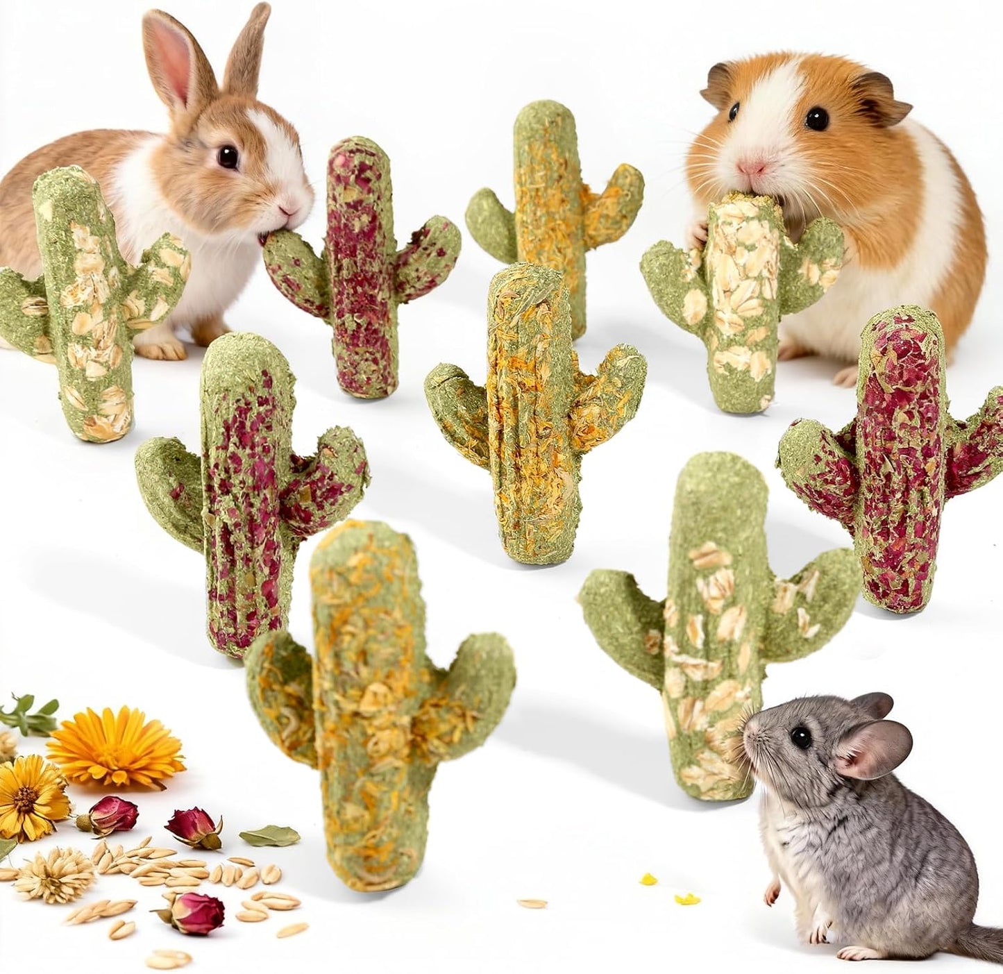 Abizoo Rabbit Chew Toys front view showcasing the nine piece compressed cactus shaped timothy hay pet treats