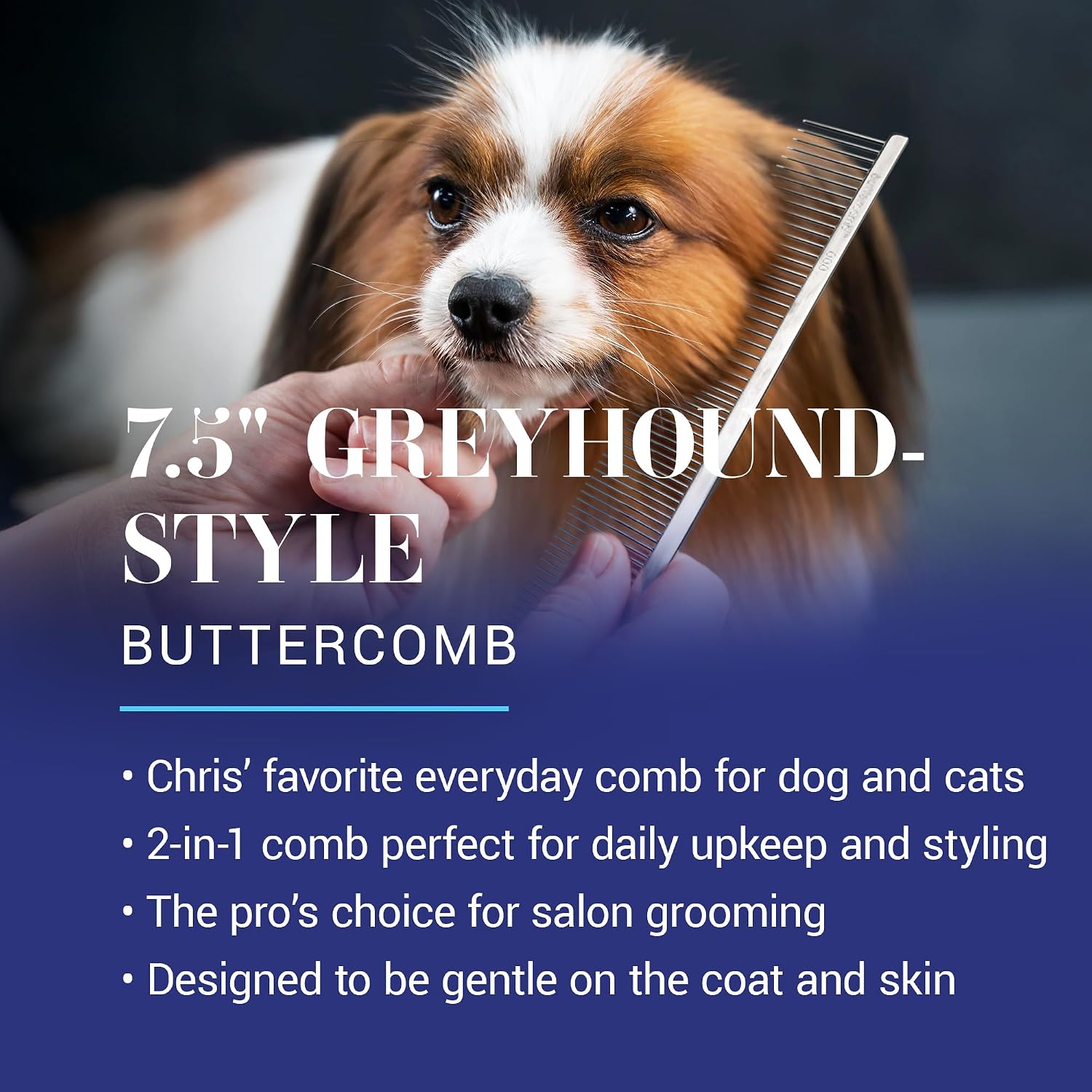 Handcrafted professional 7.5 inch dog comb with fine and coarse steel teeth spacing