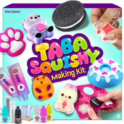 Dan And Darci Taba Squishy Making Kit front view of packaging box showing colorful cartoon characters and craft contents.