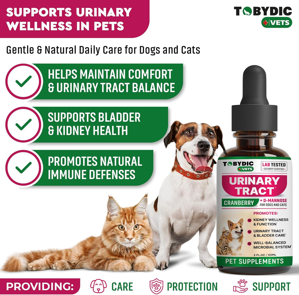 Tobydic cranberry and D-mannose liquid drops showing the packaging label information.