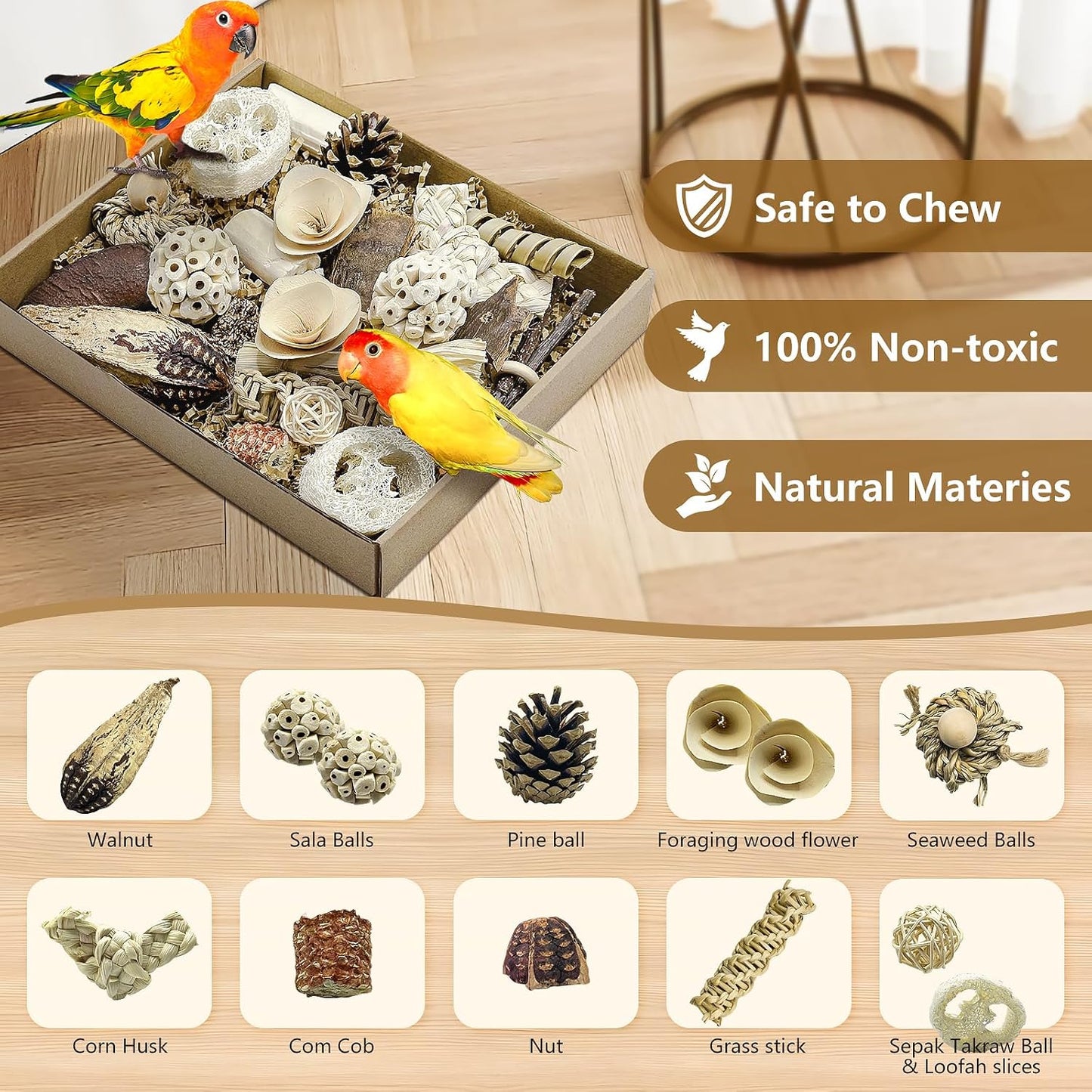Interactive bird foraging puzzle box placed inside a small to medium parrot cage.