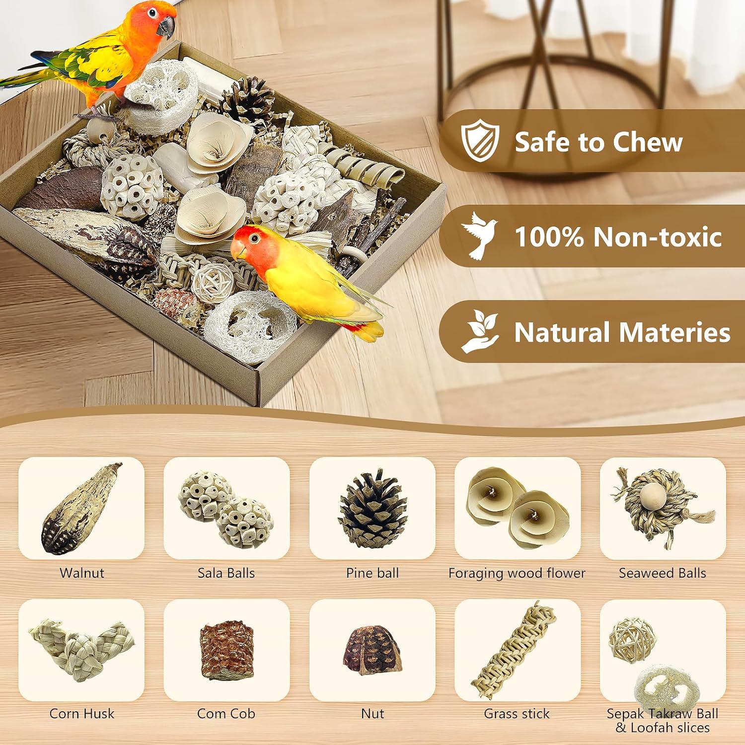Interactive bird foraging puzzle box placed inside a small to medium parrot cage.