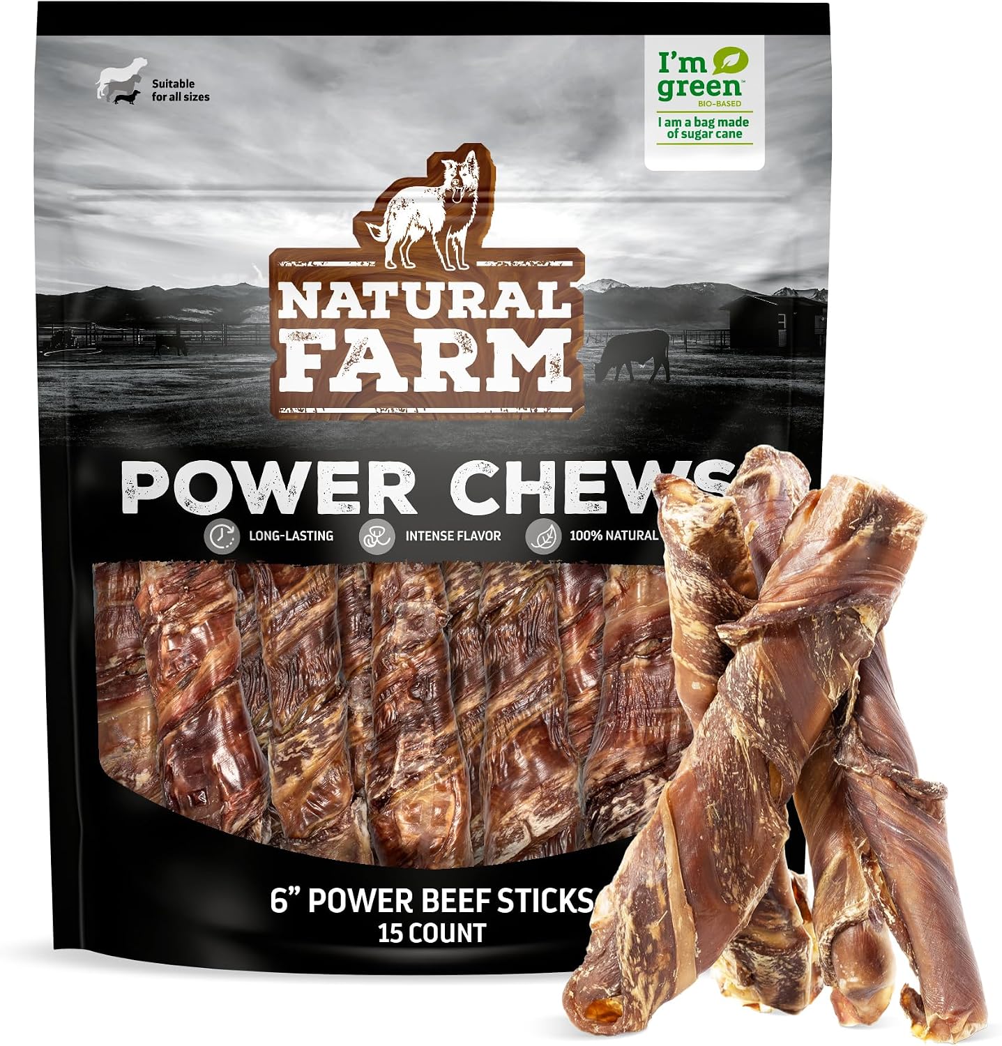 Natural Farm Power Beef Sticks packaging front view showing 15 premium dog chews
