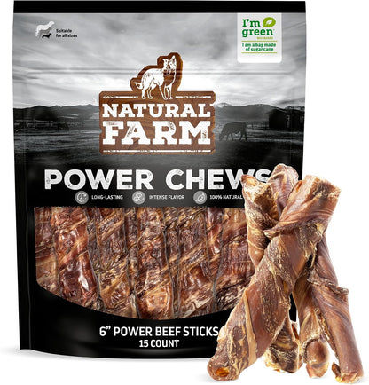 Natural Farm Power Beef Sticks packaging front view showing 15 premium dog chews