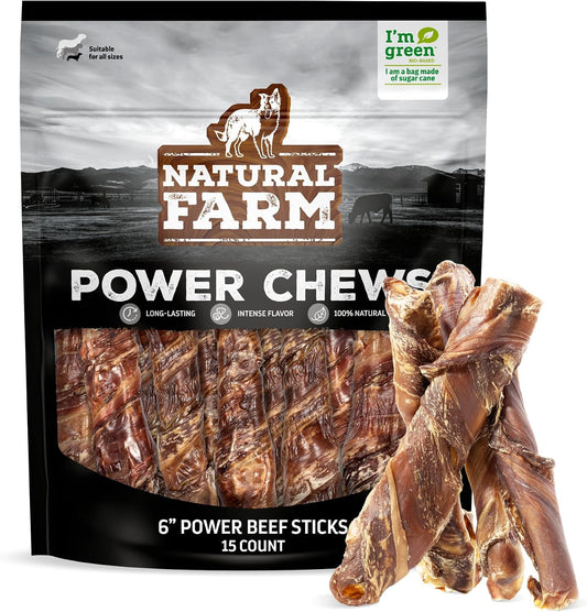 Natural Farm Power Beef Sticks packaging front view showing 15 premium dog chews