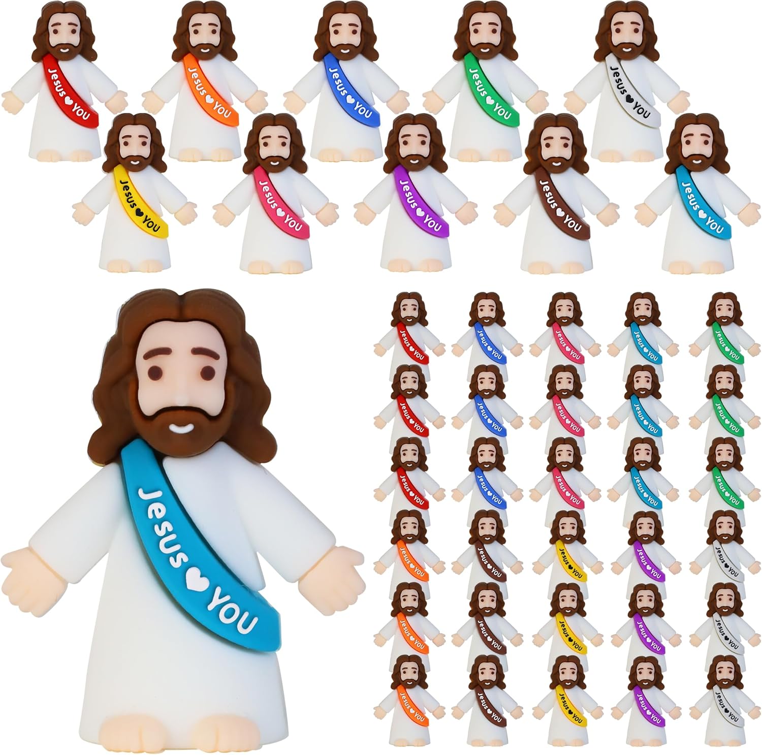 Bamamon mini Jesus figurines thirty piece set front view showing assorted colors