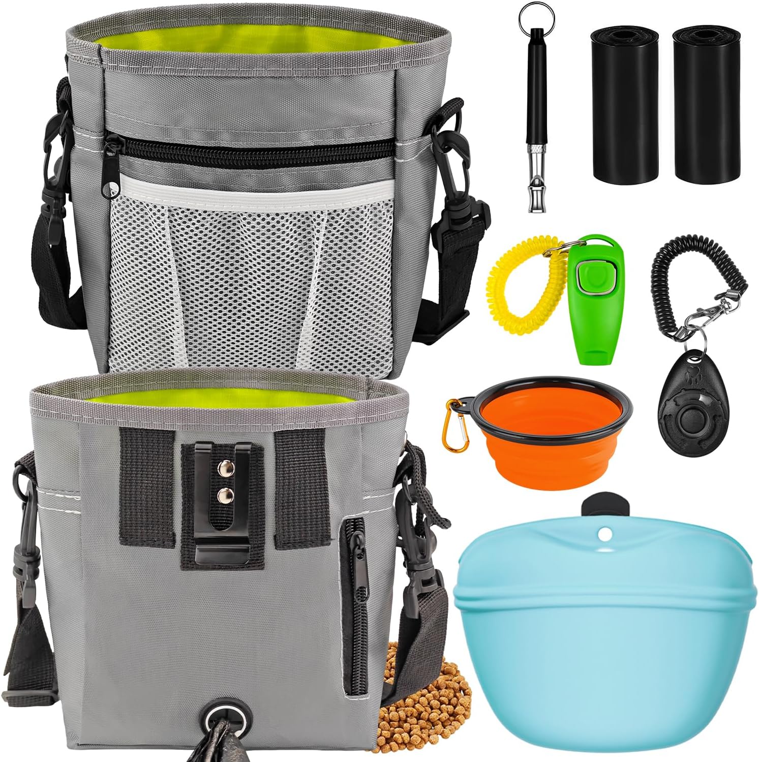 Adjustable crossbody pet walking fanny pack containing dog food and personal items