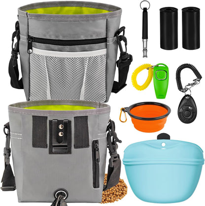 Adjustable crossbody pet walking fanny pack containing dog food and personal items
