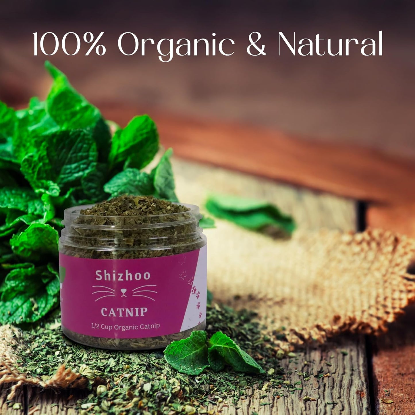 Sprinkling natural organic catnip onto a wooden scratch post for training