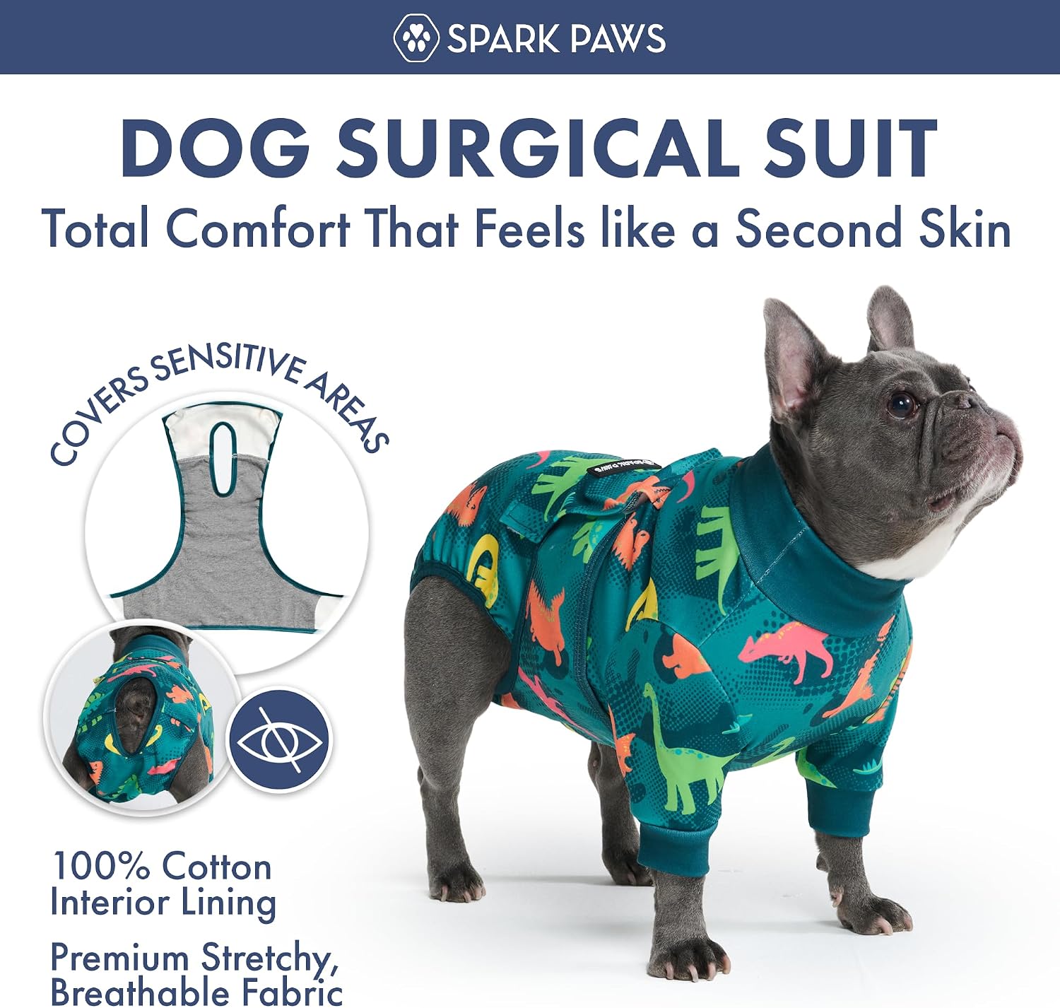 Dog wearing green dinosaur print surgery recovery suit