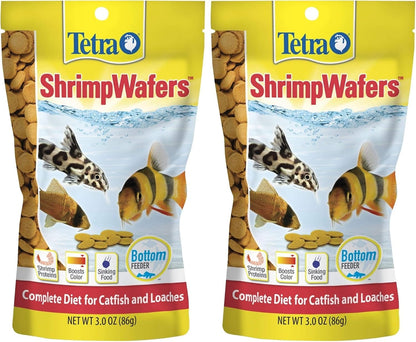 Close up of Tetra ShrimpWafers sinking fish food packaging