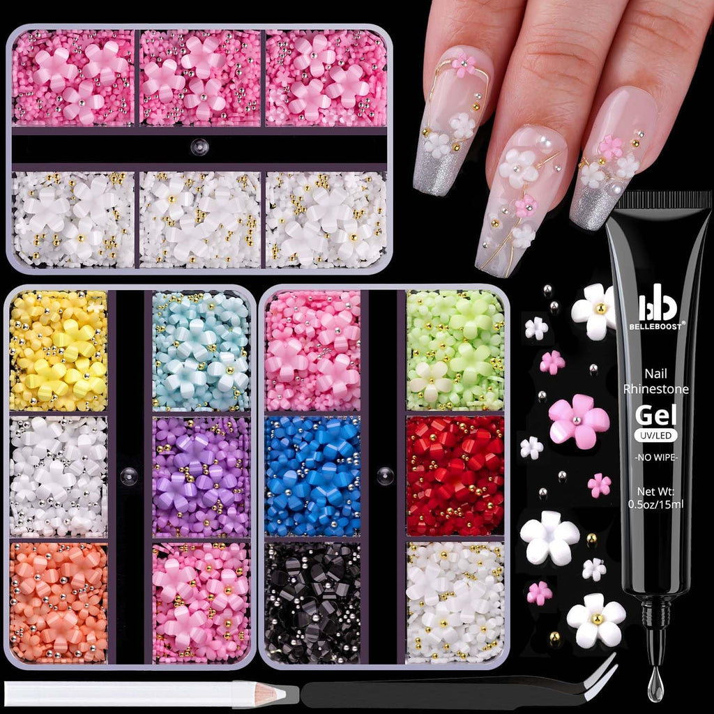 Belleboost 3D flower nail art kit front view packaging and charms
