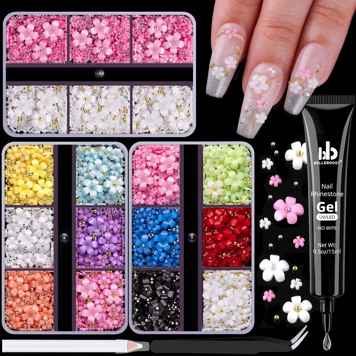Belleboost 3D flower nail art kit front view with charms and glue
