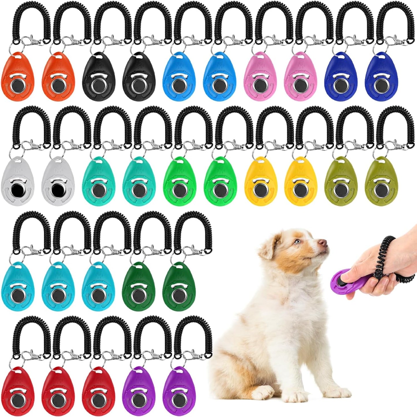 Lawei 30 Pieces Dog Training Clicker Kit front view showing multiple colors