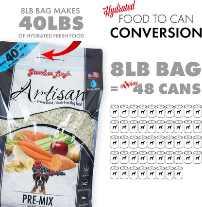 Side view of the 3-Pound Grandma Lucy's dog food bag detailing feeding guidelines and preparation ratios.
