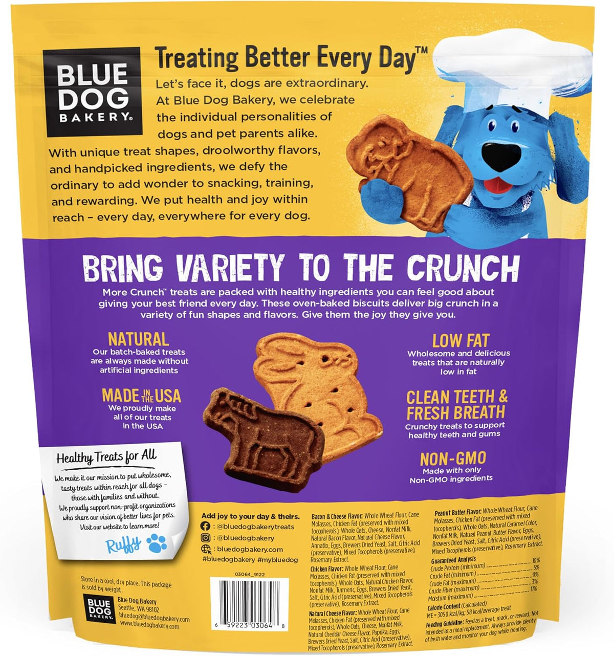 Close up of Blue Dog Bakery assorted flavor dog biscuits