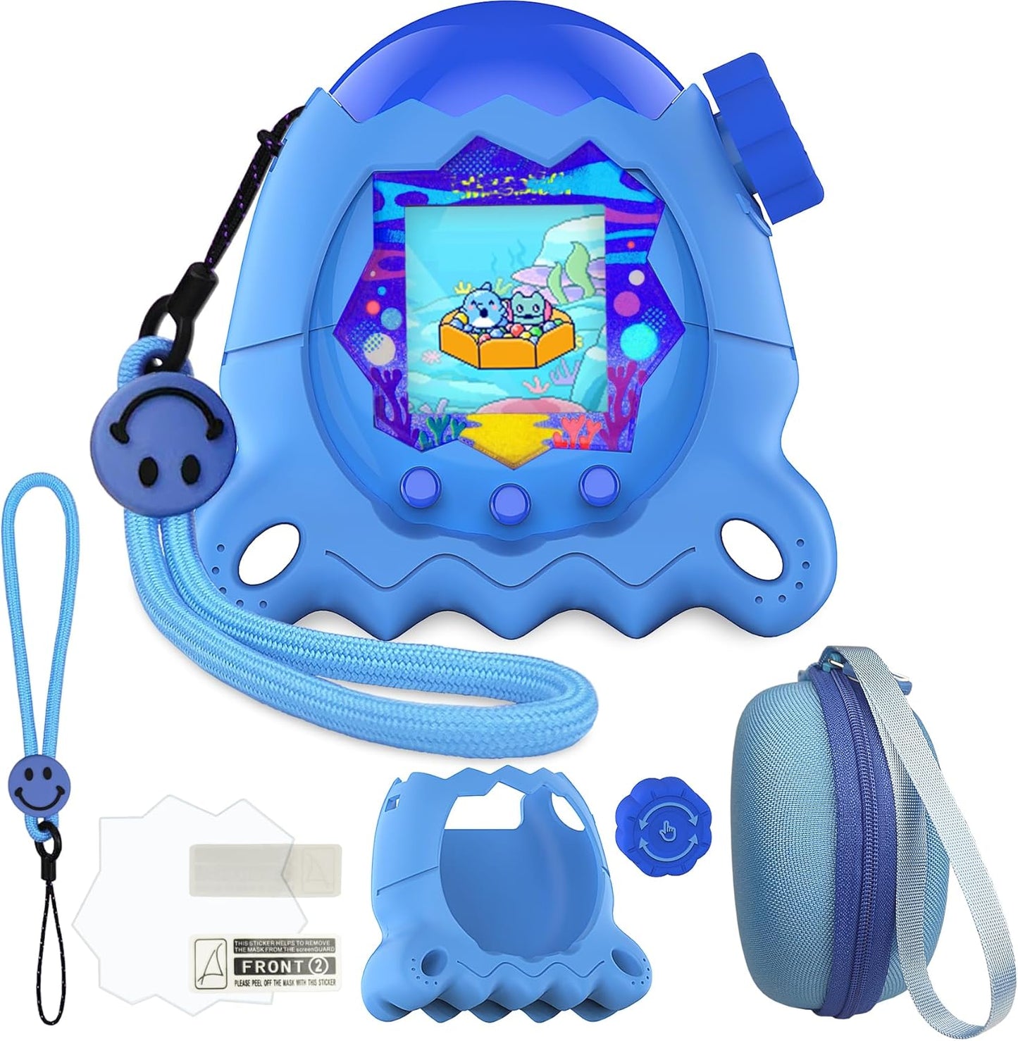 JCHPINE Tamagotchi Paradise protective case bundle front view showing blue octopus silicone cover and hard travel pouch.