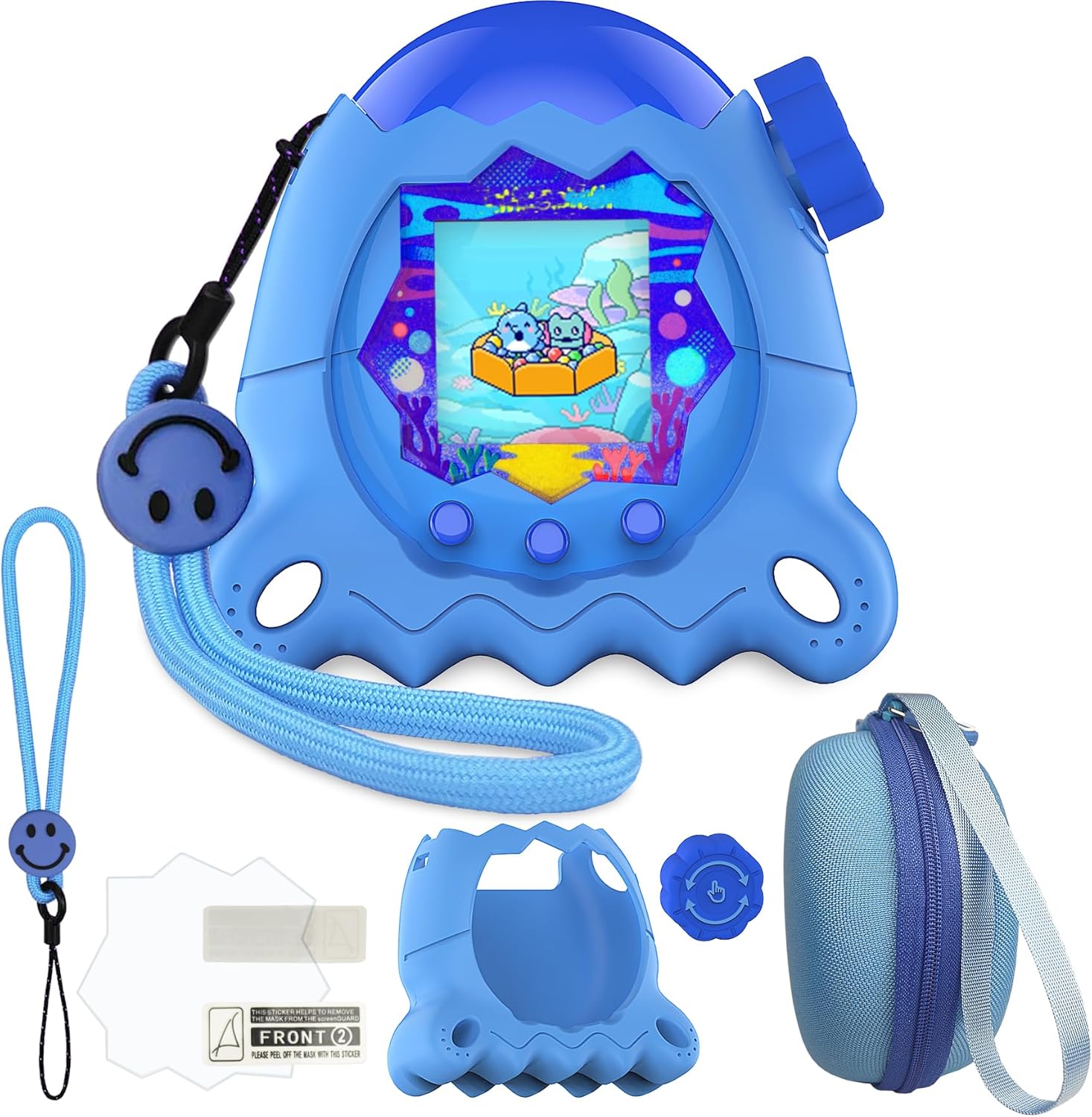 JCHPINE Tamagotchi Paradise protective case bundle front view showing blue octopus silicone cover and hard travel pouch.