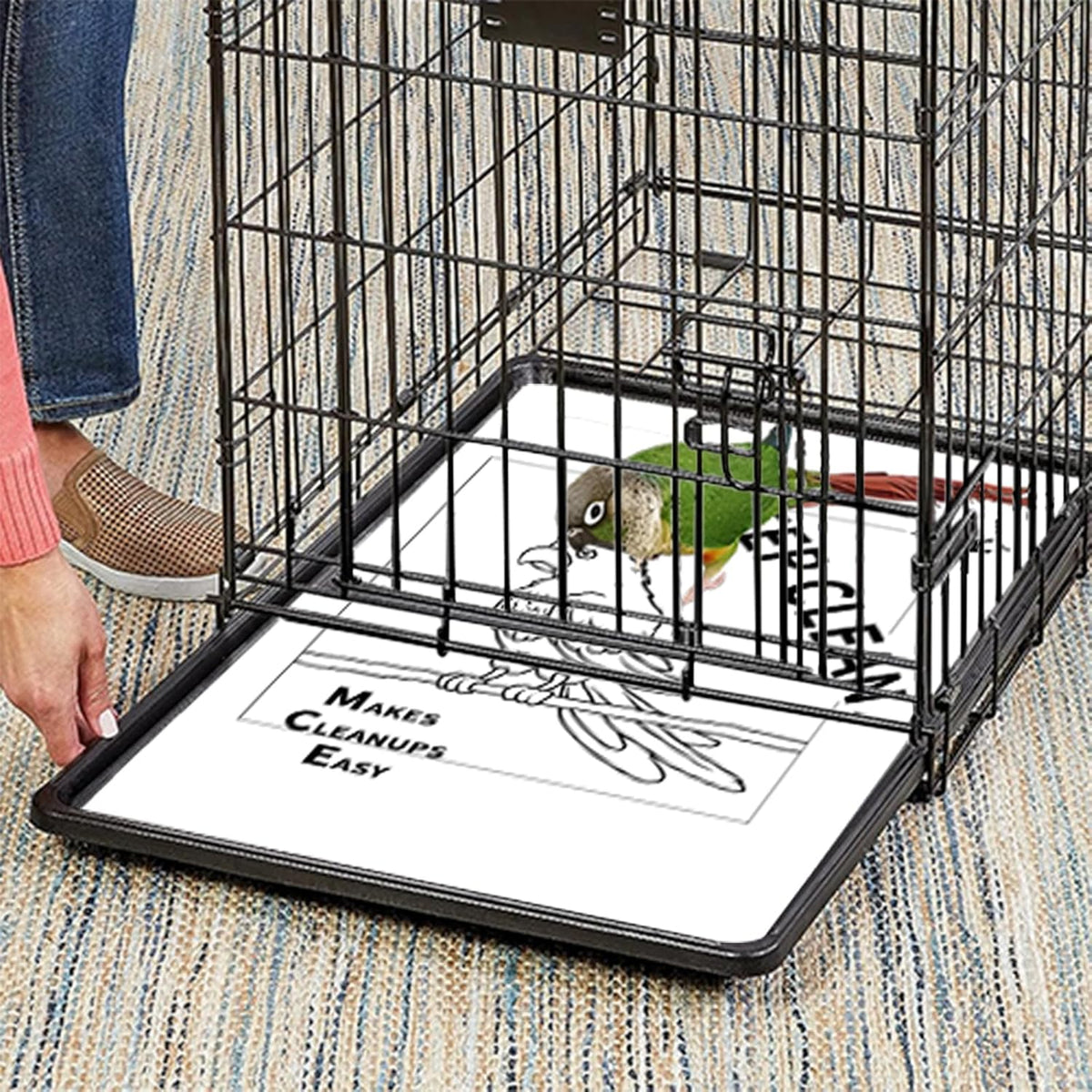 Clean bird cage setup utilizing pre-cut tray paper