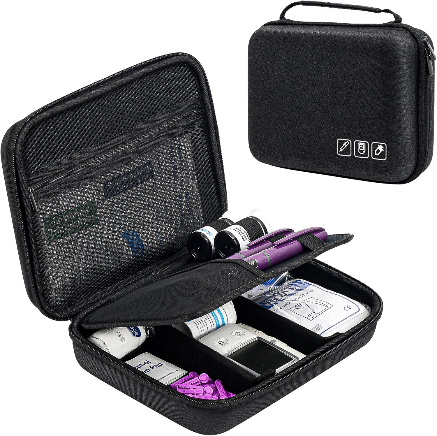 ProCase diabetic supplies hard travel case front view showing sleek black shockproof exterior