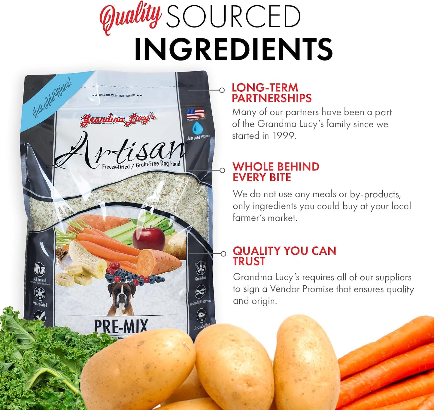 Grandma Lucy's freeze dried pet food packaging showing the official non GMO and grain free certifications.